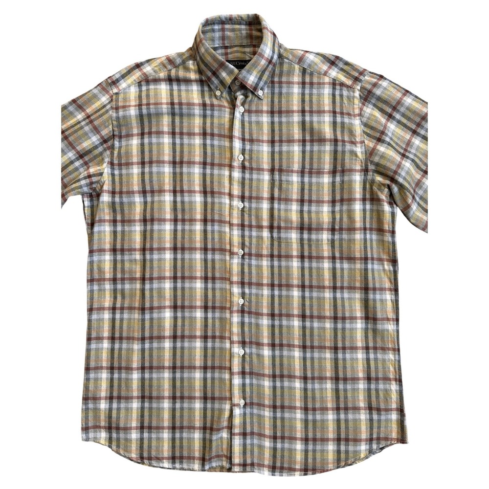 St. Croix Plaid Button Down Shirt Mens Large Brown Italy Cotton Fashion‎ Fit